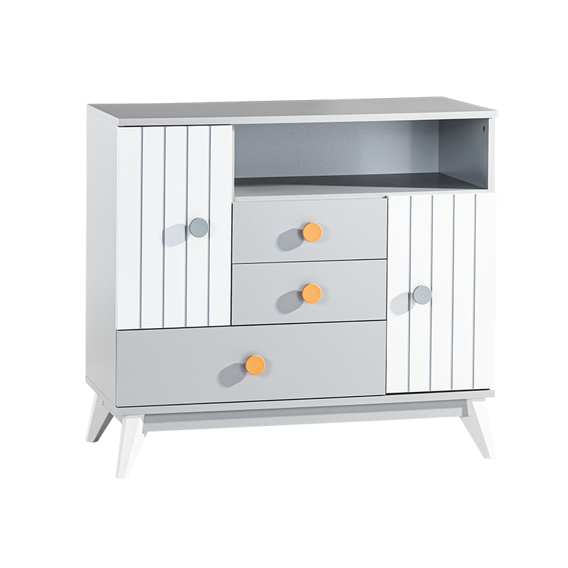 Детски скрин Carmen BIRD HOUSE 3575241, 2 рафта, 3 чекмеджета, 2 шкафа, Плавно затваряне, Бял/сив — оферта от alleop.bg