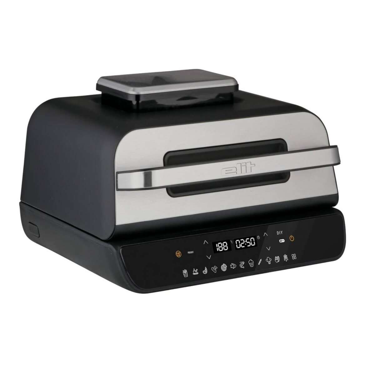 Фритюрник с горещ въздух Elit GrillFry360, 1800W, 12 програми, LED дисплей, Таймер, Черен — оферта от potrebno.bg