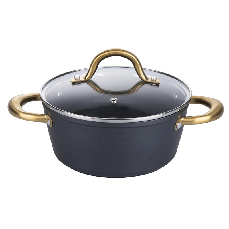 Тенджера Galileo Premium SChef 5916675, 20 см, 1.8 л, Подсилен ръб, Незалепващо покритие PPG, Без PFOA и никел, Индукция, Черен/златист — оферта от alleop.bg