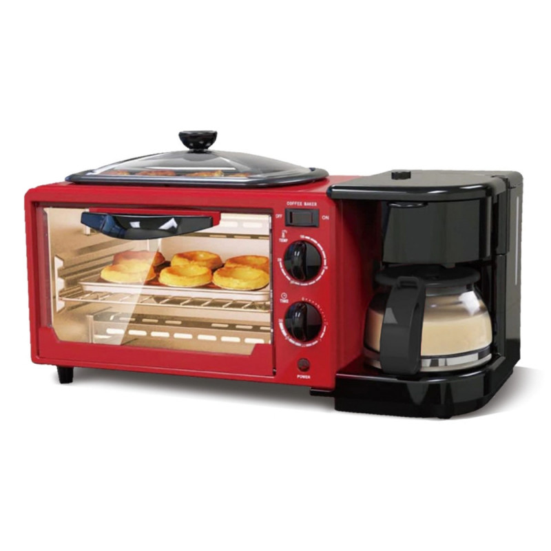 Комбиниран уред за закуска 3в1 NostroLux NL51441G, 1050W, 9 л, Грил, Приготвяне на кафе, Таймер, Циркулация на въздуха, Червен/черен — оферта от alleop.bg