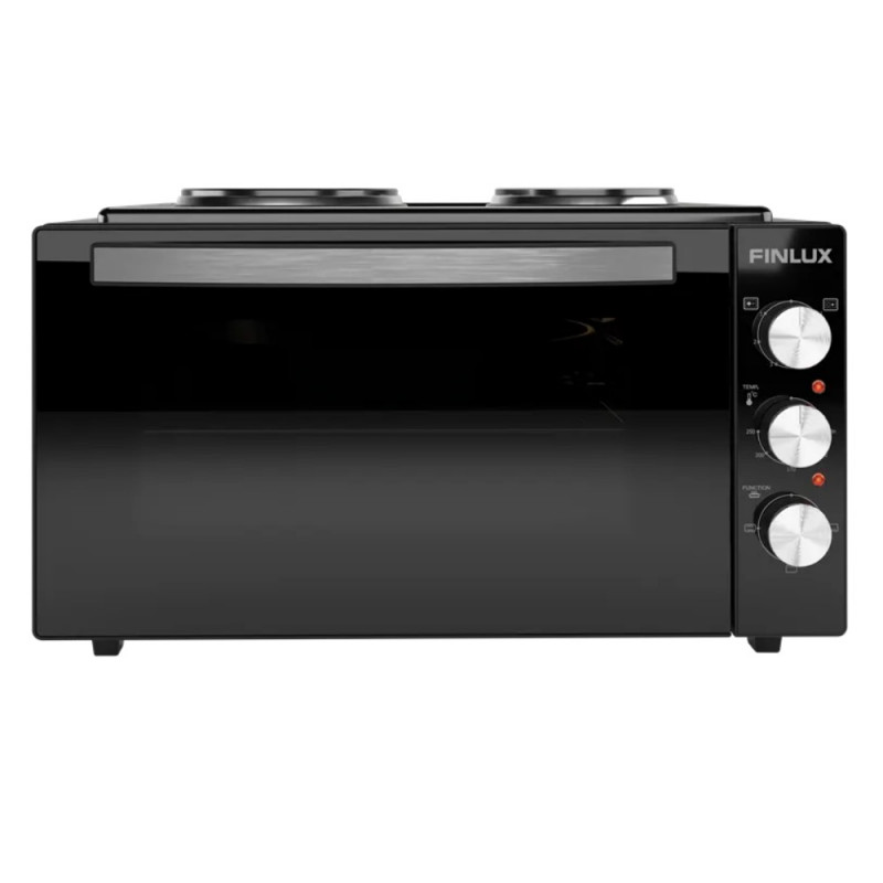 Малка готварска печка Finlux FMC-4545BS, 1600W, 45 л, 2 котлона, Двойно стъкло, Осветление, Емайлирана вътрешност, Черен — оферта от alleop.bg