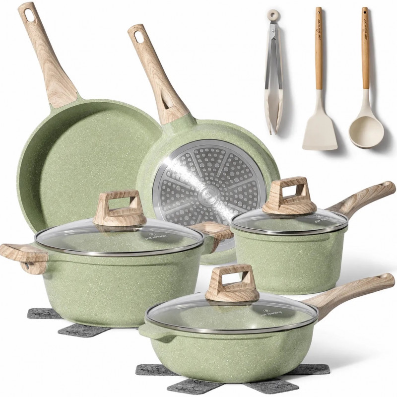 Комплект съдове за готвене Just Perfecto JL-33SET, 13 части, Алуминии, Мраморно покритие, Стъклени капаци с отвор за пара, Без PTFE и PFOA, Индукция, Зелен — оферта от alleop.bg