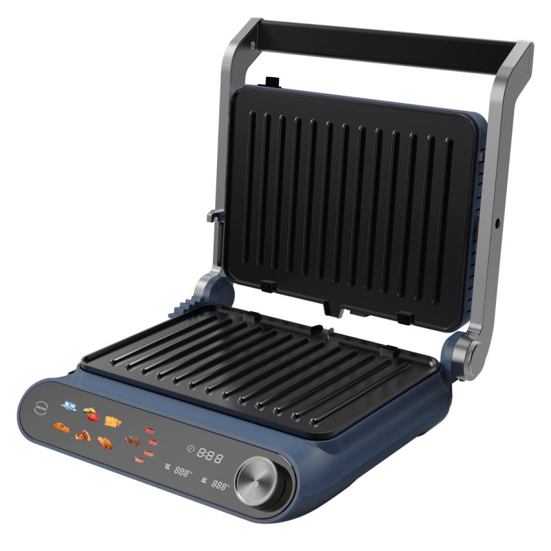 Контакт грил Nostro Lux NL51442P, 2200W, Сензорен дисплей, Незалепващи, подвижни плочи, Отваряне на 180°, Син — оферта от alleop.bg