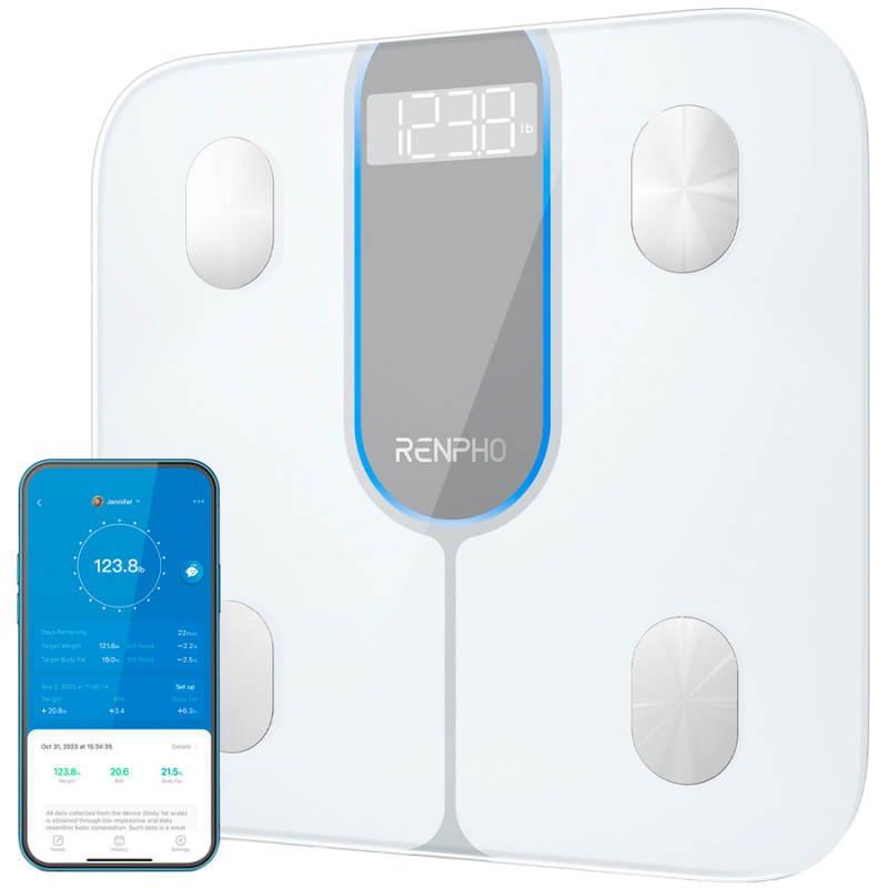Смарт кантар RENPHO Elis 1C, До 200 кг, 13 показателя, LED дисплей, Мобилно приложение, Закалено стъкло, Бял — оферта от alleop.bg