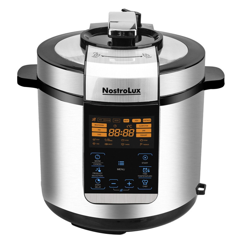 Мултикукър под налягане NostroLux NL51985H6, 1000W, 6 л, 70 kPa, Таймер 24 ч, 15 програми, Голям LED дисплей, Сензорно управление, Инокс — оферта от alleop.bg