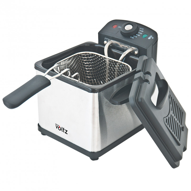 Мини фритюрник Oliver Voltz OV51980CG, 1000W, 1.2 л, 0-190°C, Неръждаема стомана, Светлинни индикатори, Инокс/черен — оферта от alleop.bg