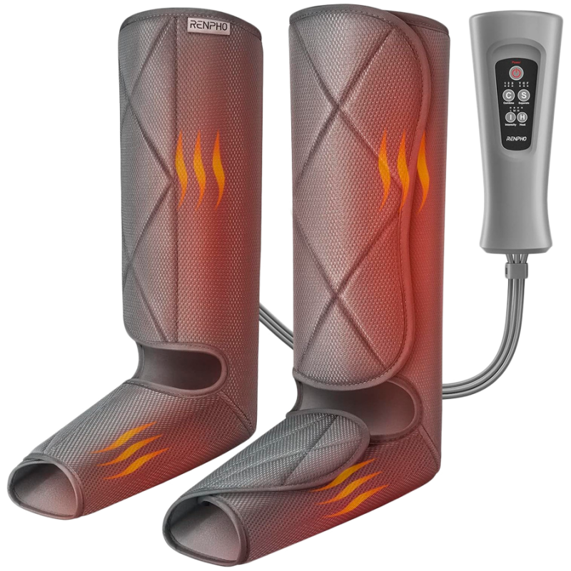 Компресионен масажор за крака RENPHO Foot & Calf Air Massager, 24W, Затопляне, 3 степени, Масажни режими, Памет, Топлинен индикатор, Защити, Сив — оферта от alleop.bg