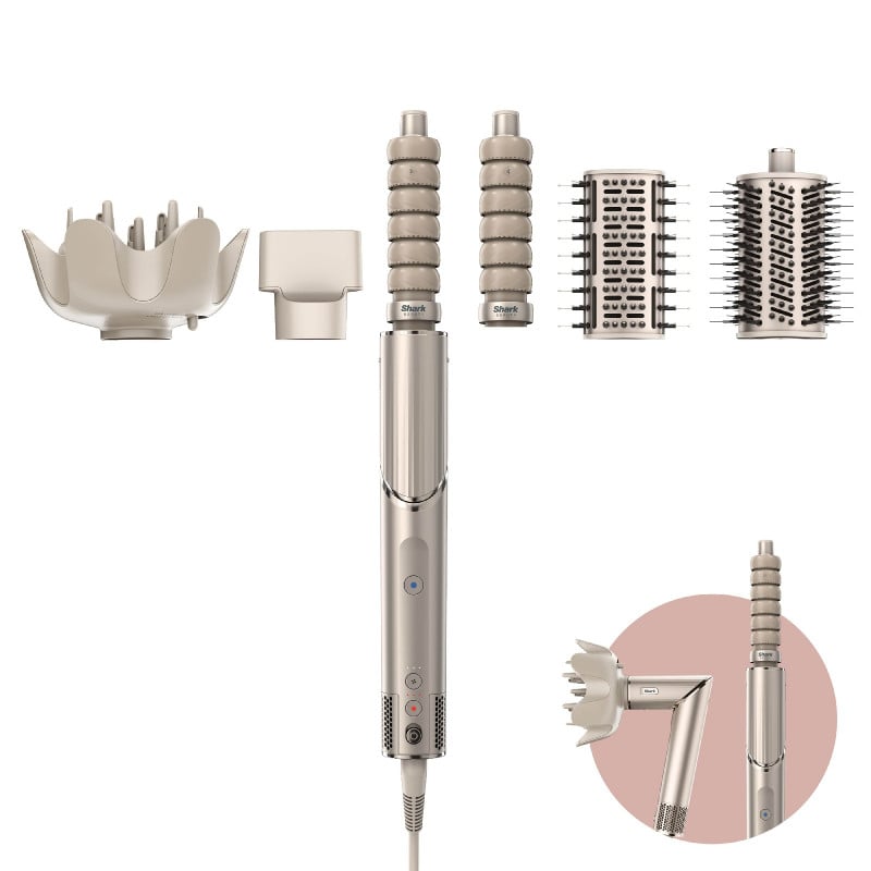 Маша за коса и сешоар 3в1 Shark FlexStyle HD426SLEU, 1650W, 3 скорости, 3 темп, Автоматично увиване и фиксиране на къдрици Coanda, Сушене, Изправяне, Шампанско — оферта от alleop.bg
