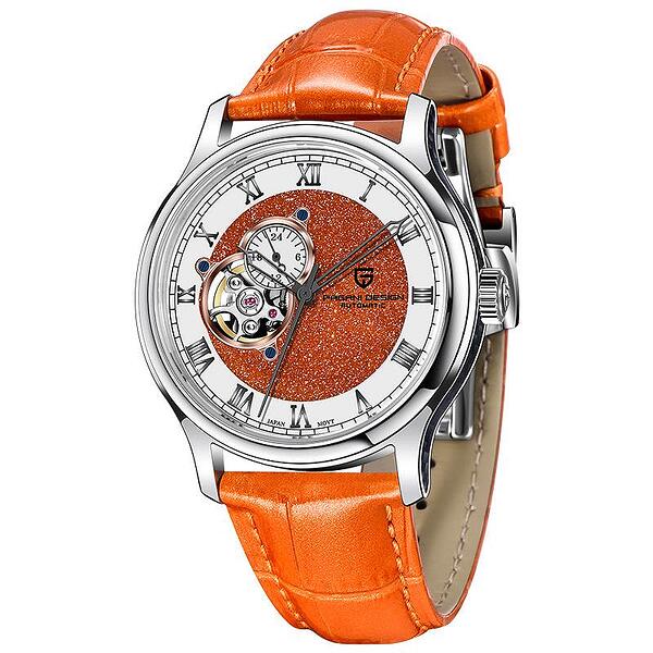 Мъжки часовник Pagani Design Evolue, Автоматичен, Естествена кожа, Скелетон, Оранжев — оферта от nubi.bg