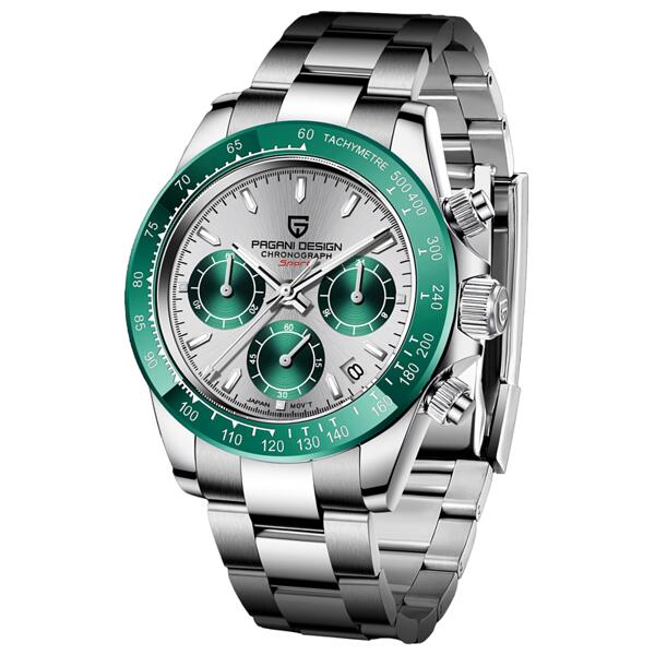 Мъжки часовник Pagani Design Scopic, Кварцов, Неръждаема стомана, Хронограф, Сребрист / Зелен — оферта от nubi.bg