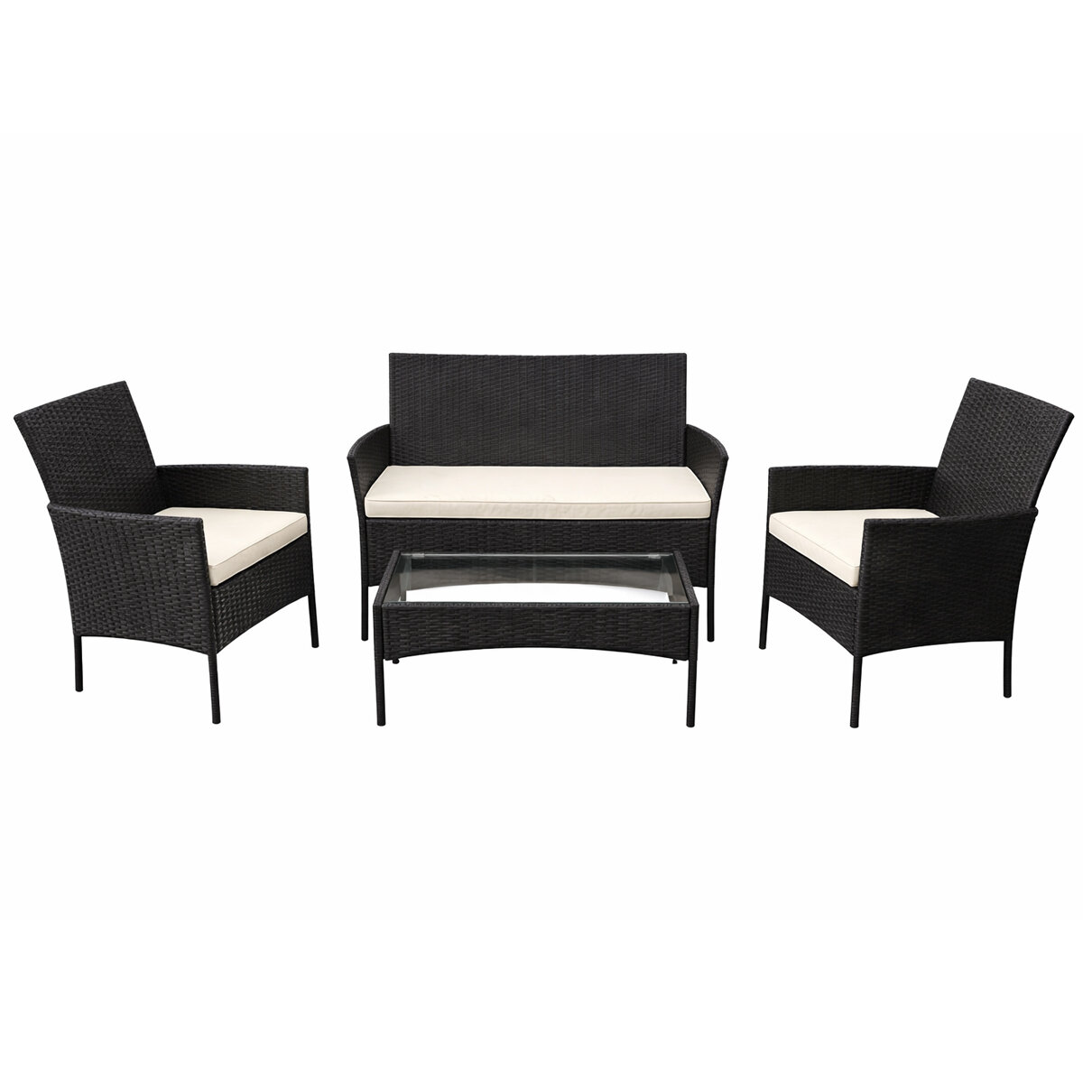 Градински ратанов комплект маса с 3 кресла Rila Crafts V11-14, 4 части, закалено стъкло, с възглавнички, черен/бял — оферта от technomani.bg/