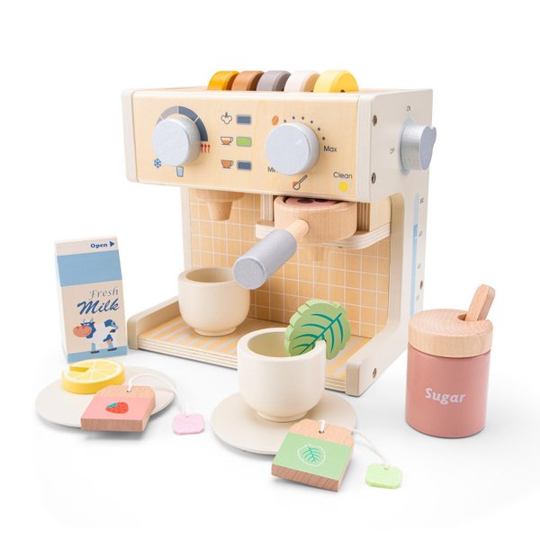 Детска дървена кафемашина с капсули и аксесоари за игра — оферта от woodenmagic.bg
