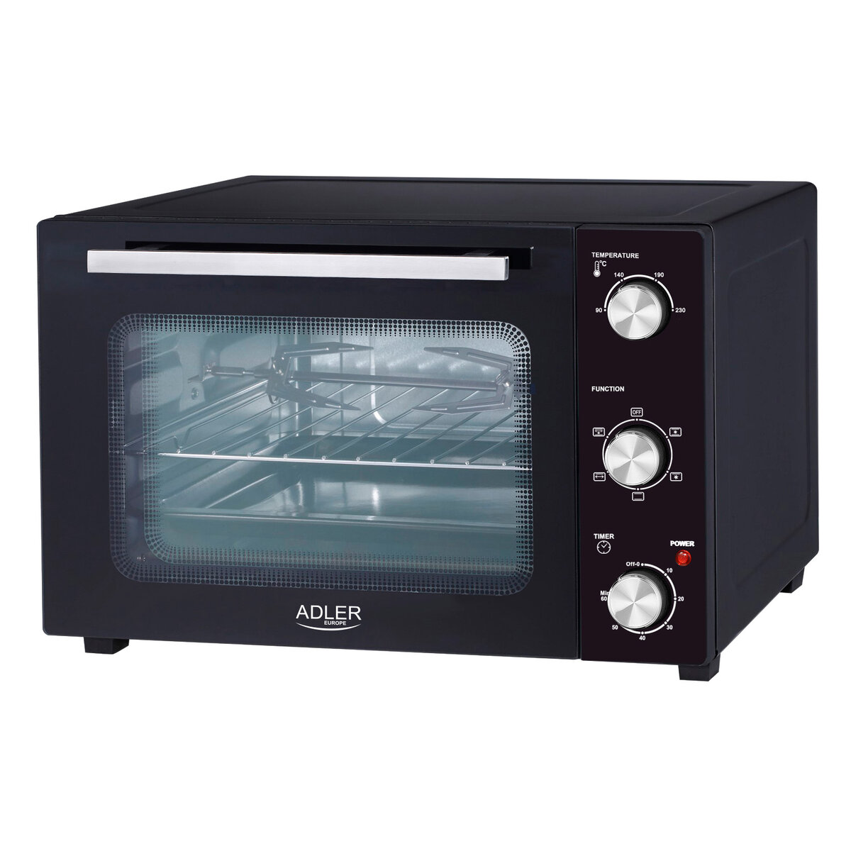 Мини фурна Adler AD-6025, 1500W, 35L, Въртящ се шиш, Конвекция, 90-230°C, Таймер, Черен — оферта от potrebno.bg