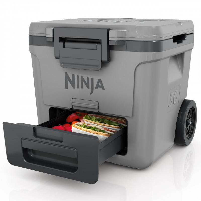 Хладилна кутия Ninja FrostVault FB230EUGY, 28 л, Пасивна, 48 кена, Поддържа лед до 5 дни, Сухо отделение, Колела, Сив — оферта от alleop.bg