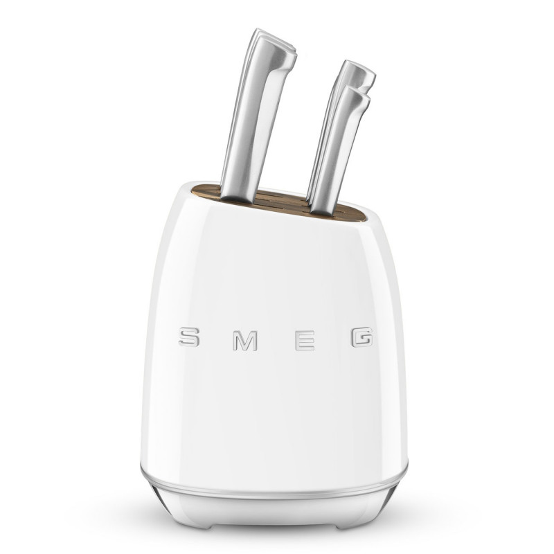 Комплект ножове със стойка SMEG KBSF02WH, 7 части, Слотове от акациево дърво, Немска неръждаема стомана, Бял — оферта от alleop.bg