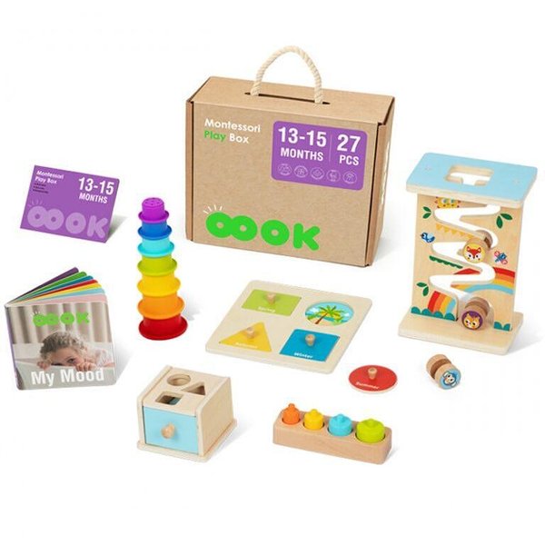 Монтесори кутия с 6 сензорни играчки за деца 13-15 месеца — оферта от woodenmagic.bg