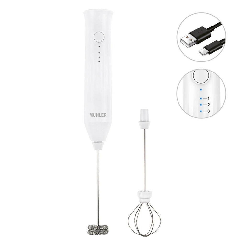 Мини фрапе миксер Muhler FMX-1010C, 6W, Безжичен, 2 приставки, USB Type-C, 3 скорости, Бял — оферта от technomani.bg/