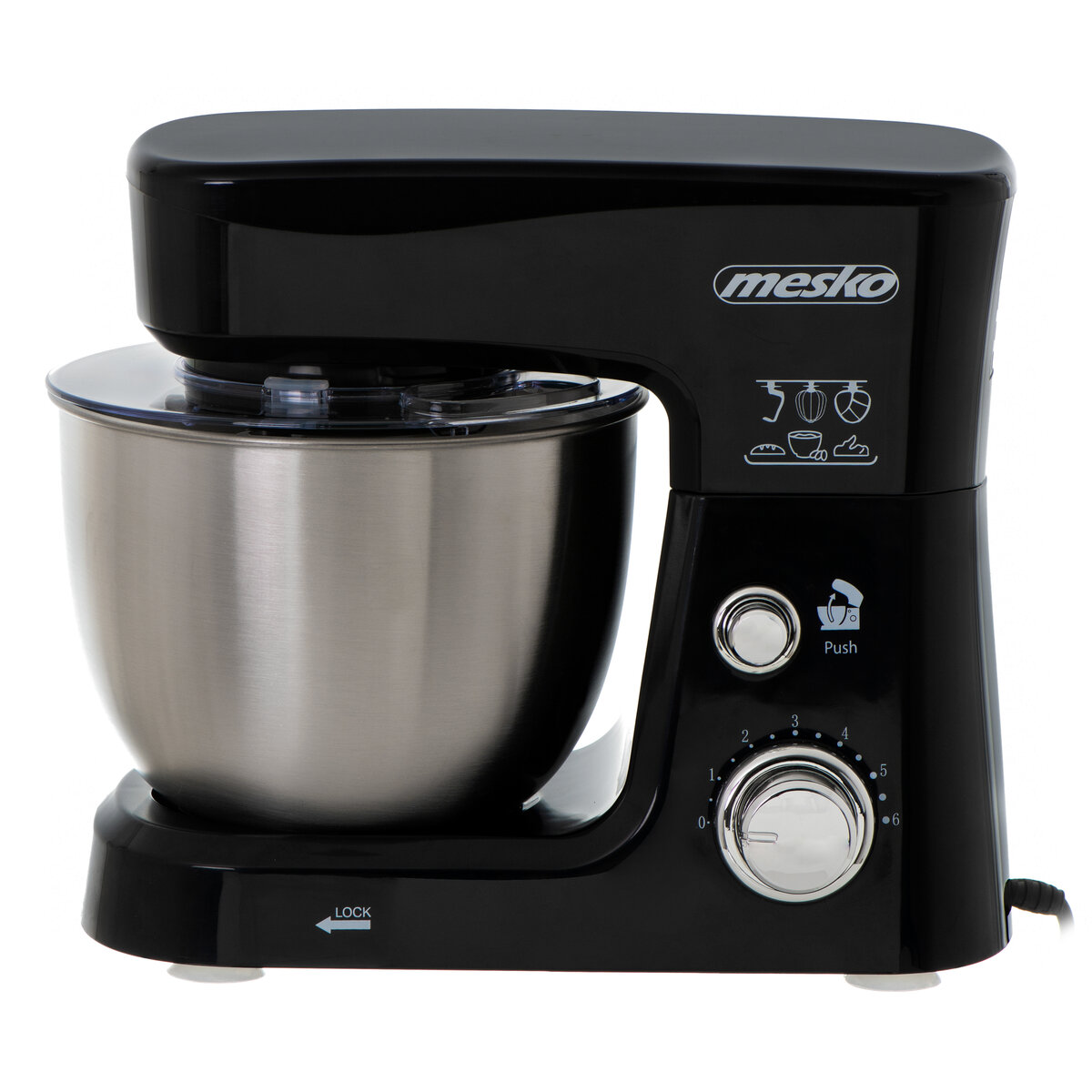 Планетарен миксер Mesko MS-4217, 1200W, 3.5L, 6 скорости, 3 приставки + шпатула, Черен — оферта от potrebno.bg