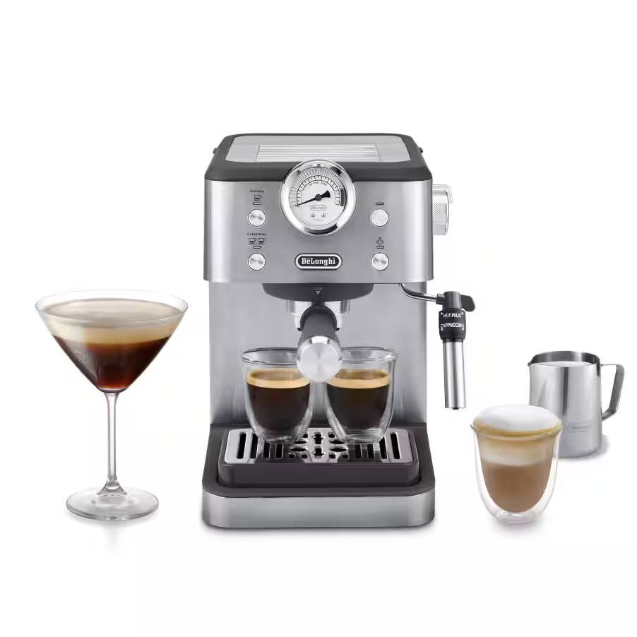 Еспресо машина De'Longhi Linea Classic EM450.M, 1325W, 15bar, 1.7L резервоар, съвместимост с ESE, Инокс — оферта от potrebno.bg
