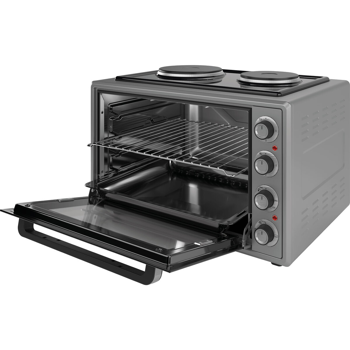 Малка готварска печка ELITE EMO-65302G, 65L, 4500W, 2 котлона, Термостат, Сив — оферта от potrebno.bg